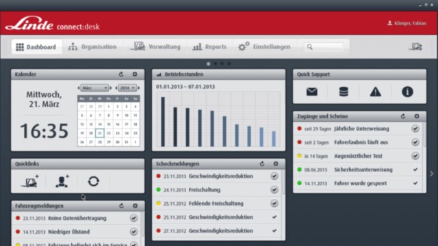 Captura de pantalla del panel de control del software de gestión de flotas Connect: desk de Linde, que proporciona una visión de conjunto de todos los datos importantes de la flota.